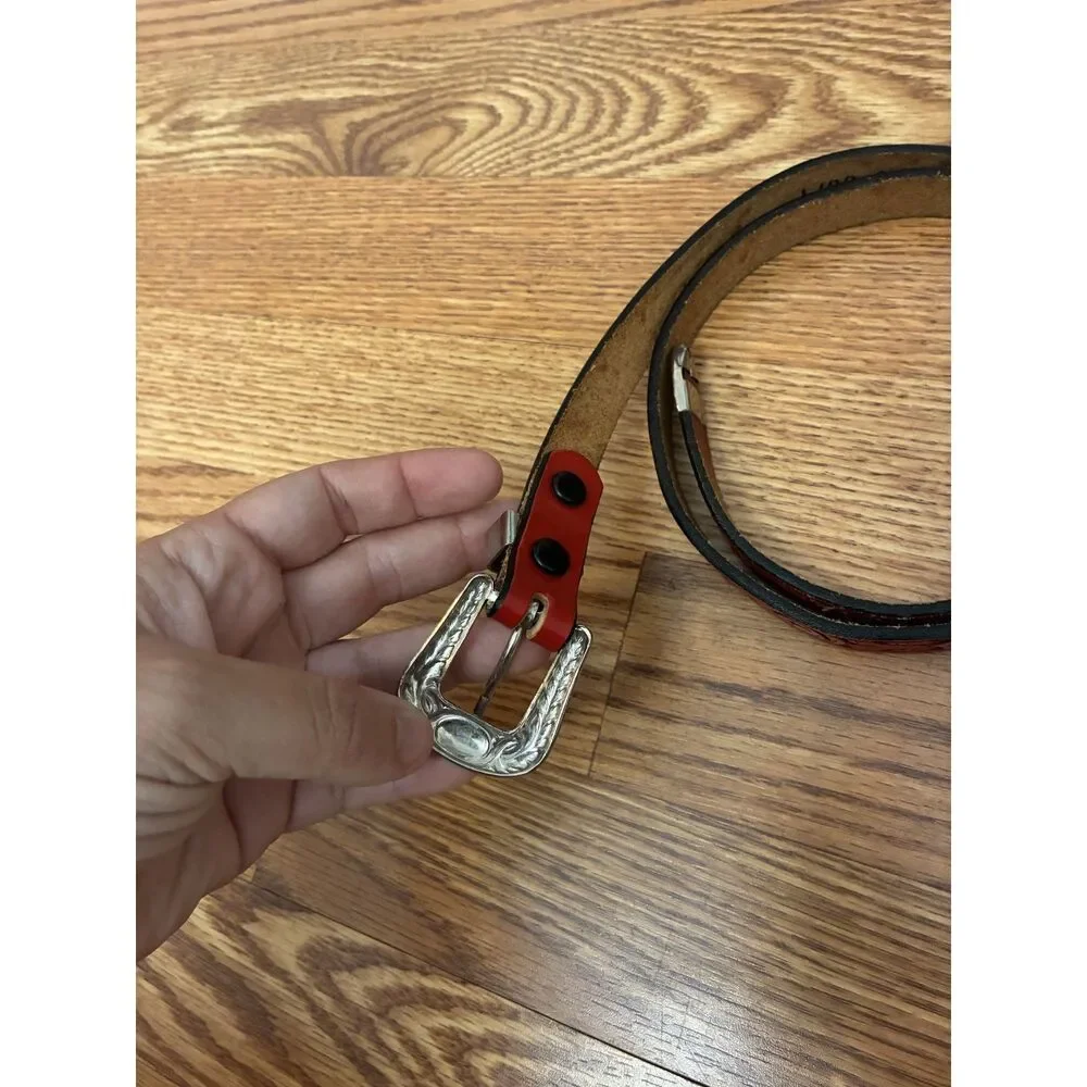 Red Floral Tooled Leather Western Belt Silver Tone Buckle Cowgirl Boho USA Rodeo